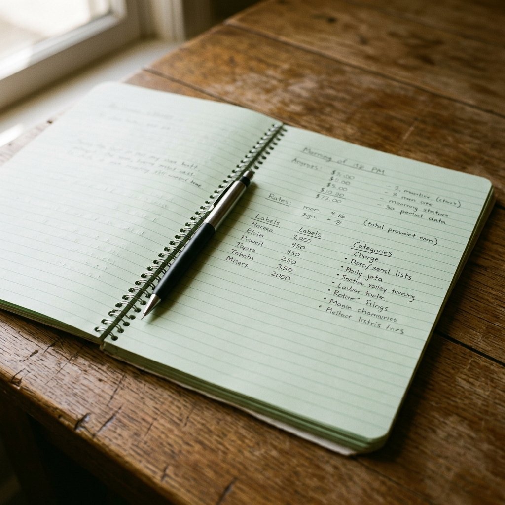 Open ledger notebook with a pen resting on ruled pages, morning light
